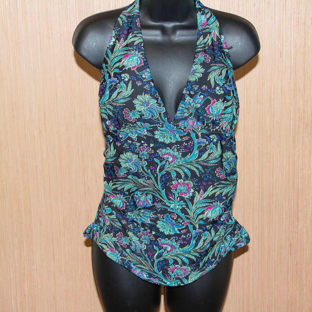 Hilor Women's Plunging V Neck Halter Swim Tops Shirred Tankini Top-Size 14